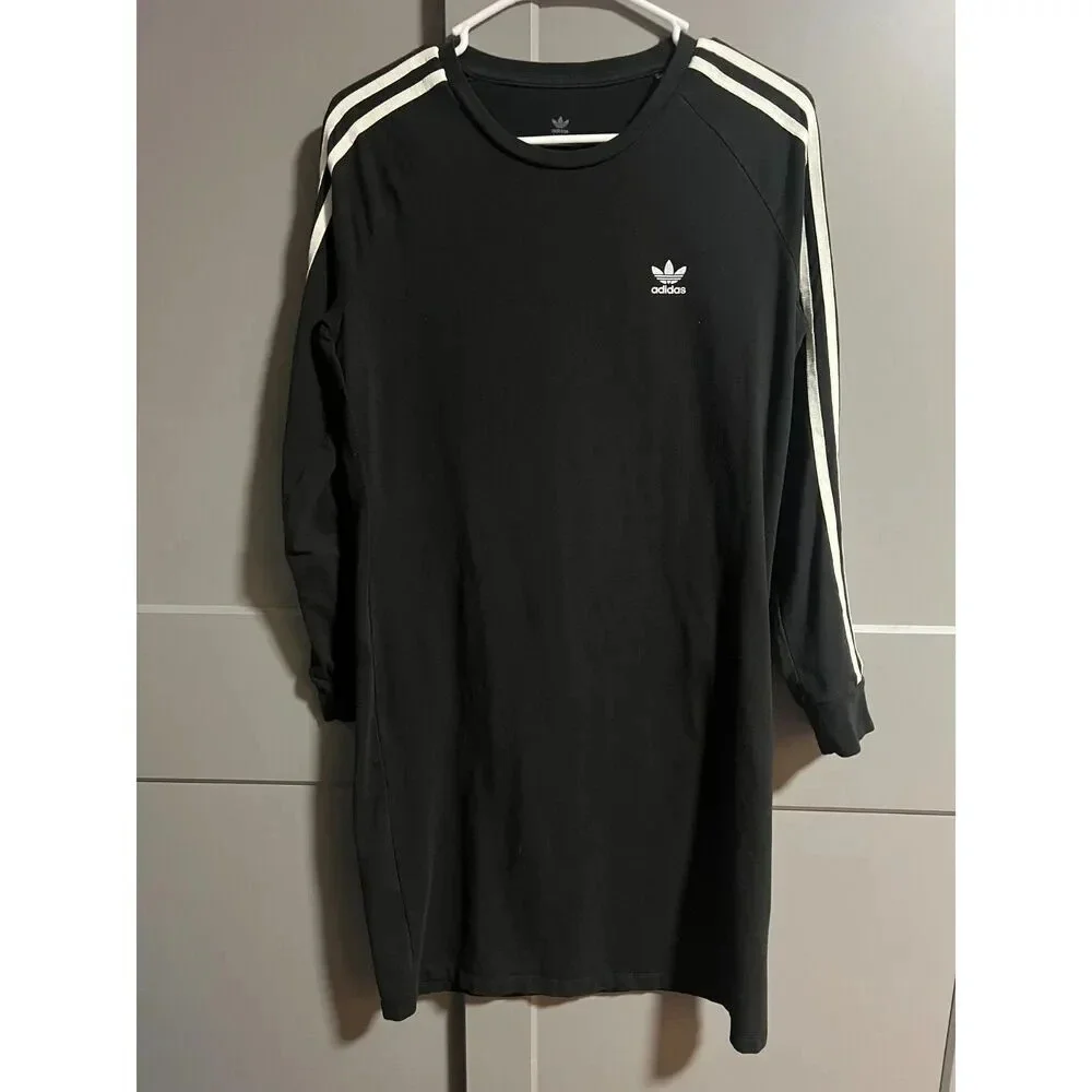 Adidas Kids Long Sleeve Knee Length Dress Stripe Sleeves Black Size XL (W Small)